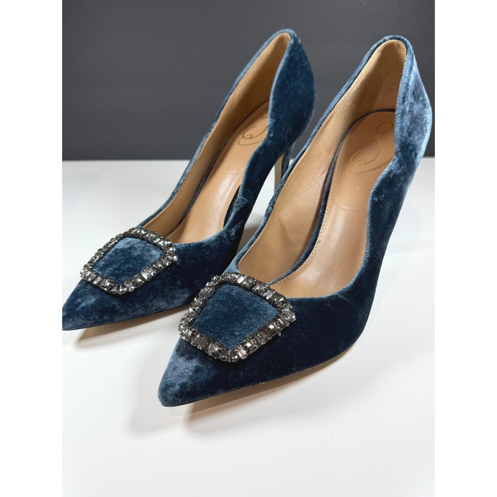 Sam‎ Edelman Harriett Velvet Heels 10 Deep Sapphire Crystal EmbellishedBuckle